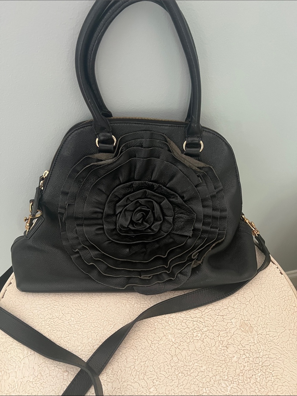 Valentino Garavani Black Leather Flower Handbag